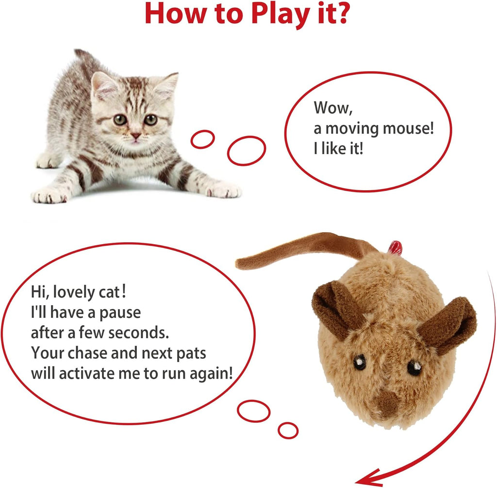 Interactive Cat Toy Mouse, Moving Automatic Cat Toys Mice Electronic with Furry Tail, Automatic Squeaky Cat Toys for Kitten Indoor/Outdoor Exercise (Brown-Ear)