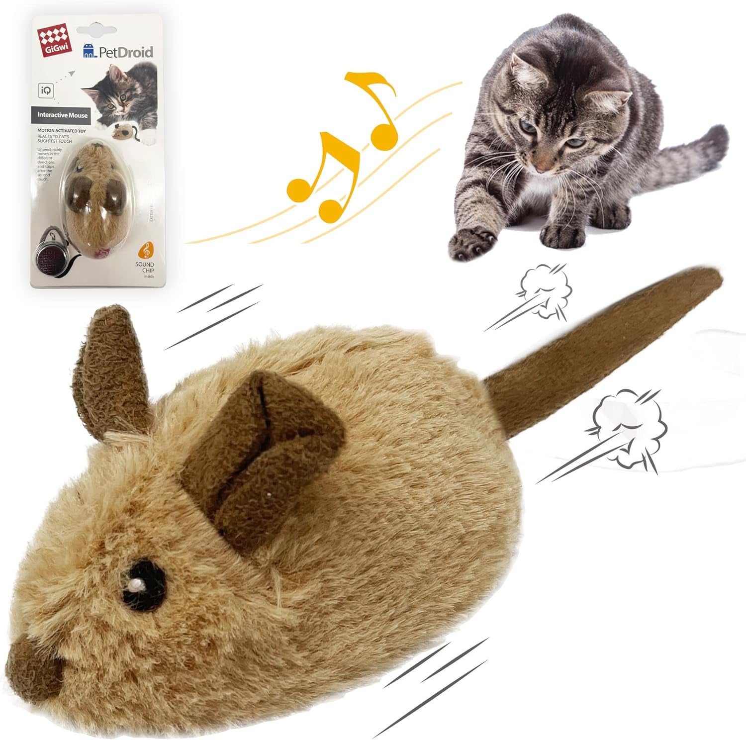Interactive Cat Toy Mouse, Moving Automatic Cat Toys Mice Electronic with Furry Tail, Automatic Squeaky Cat Toys for Kitten Indoor/Outdoor Exercise (Brown-Ear)