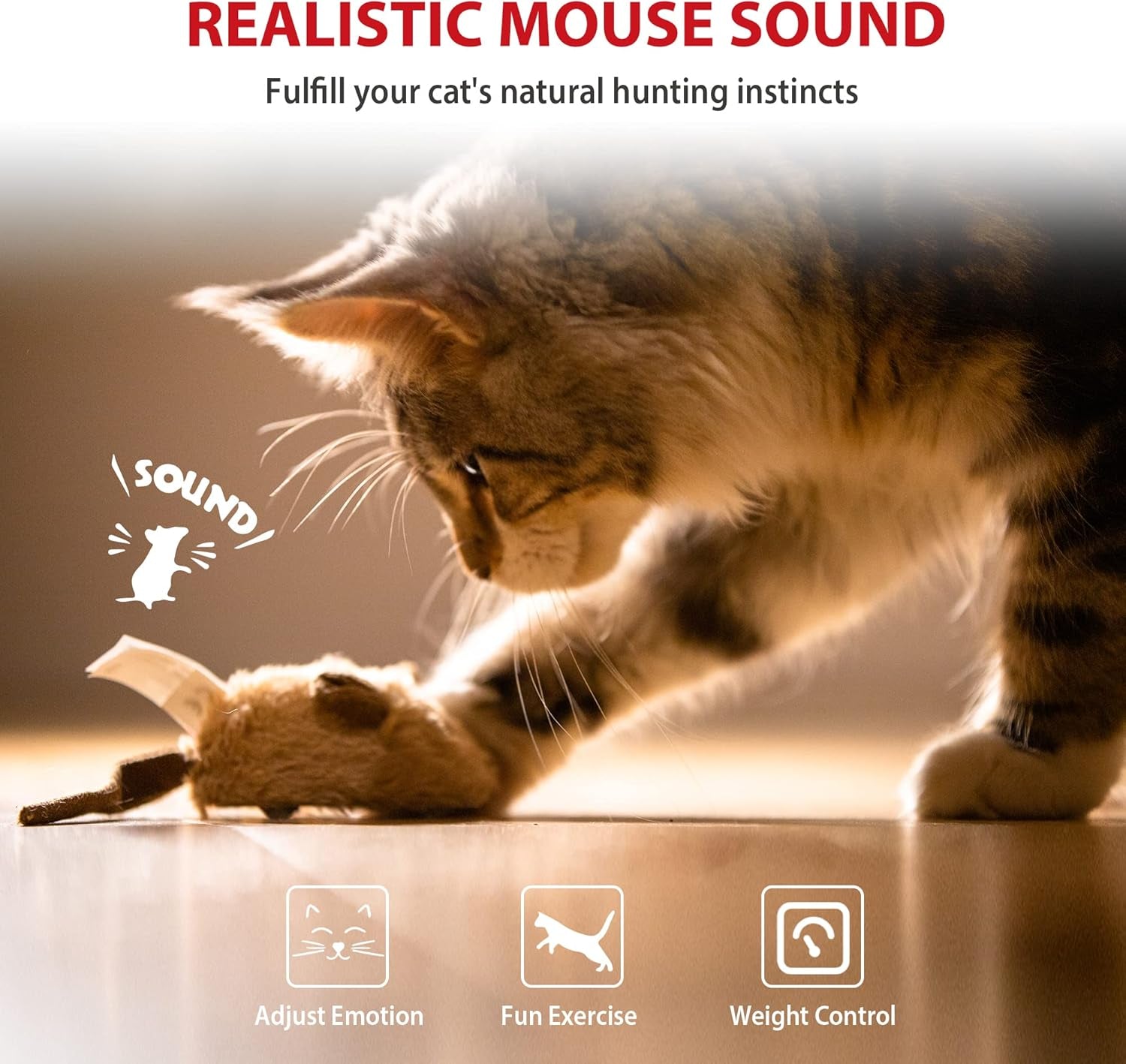 Interactive Cat Toy Mouse, Moving Automatic Cat Toys Mice Electronic with Furry Tail, Automatic Squeaky Cat Toys for Kitten Indoor/Outdoor Exercise (Brown-Ear)