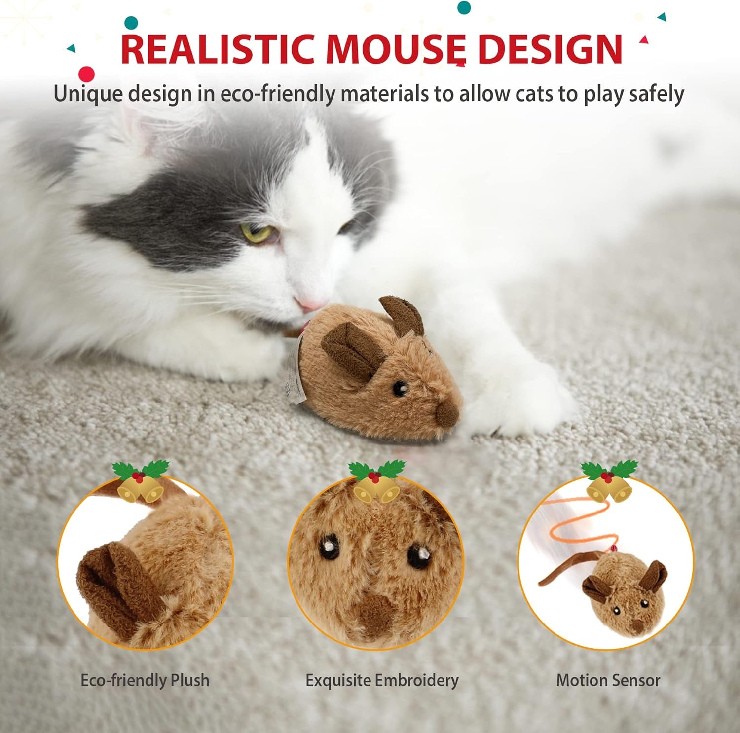 Interactive Cat Toy Mouse, Moving Automatic Cat Toys Mice Electronic with Furry Tail, Automatic Squeaky Cat Toys for Kitten Indoor/Outdoor Exercise (Brown-Ear)